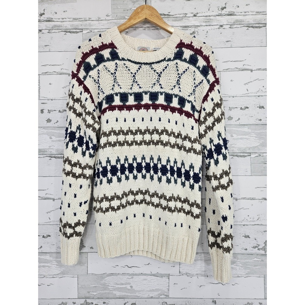 Cape Isle Knitters Mens M Fair Isle Crewneck Sweater Ramie Cotton Cream Vintage